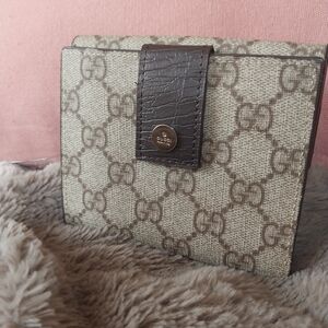 Gucci Brown and Beige GG Canvas Small Wallet with Snap Tab